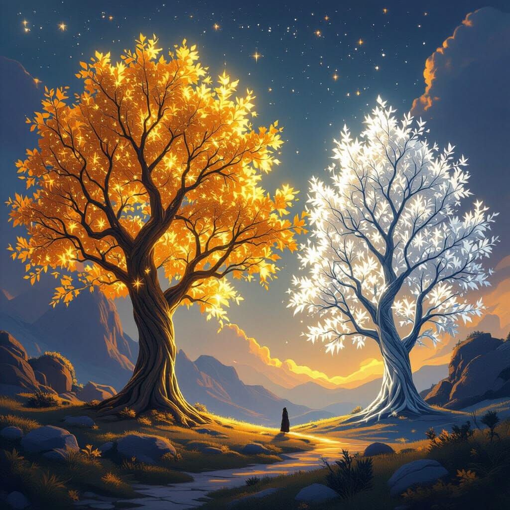 Magical Valinor Trees with Radiant Leaves in Concept Art Sty...