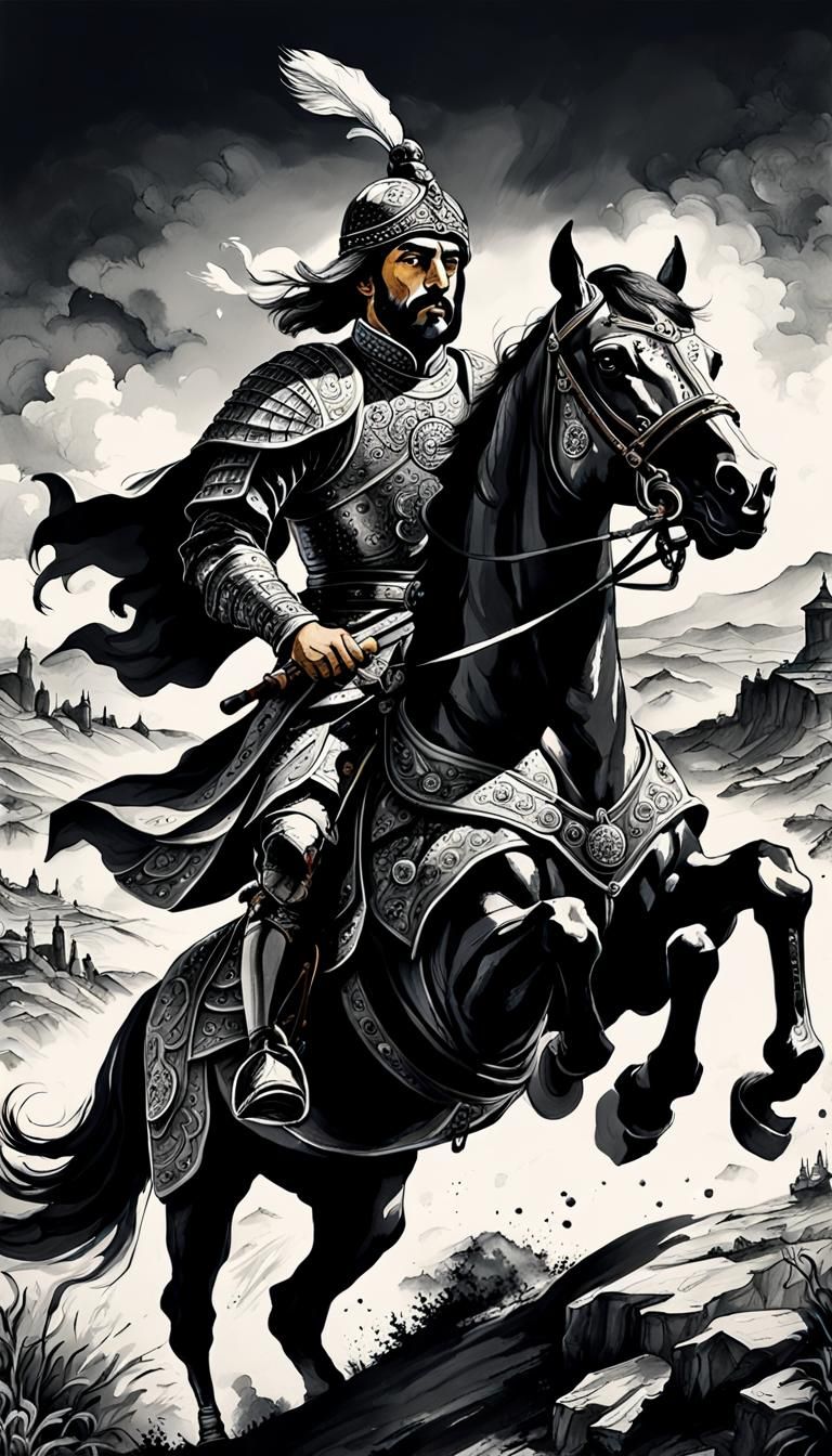 Fatih Sultan Mehmet in Ornate Armor, Ink Drawing Masterpiece