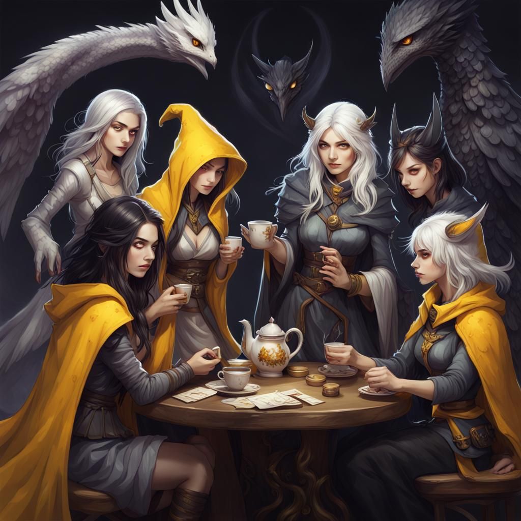 Fantasy Girls Engage in Magical Card Game Amidst Whimsical D...