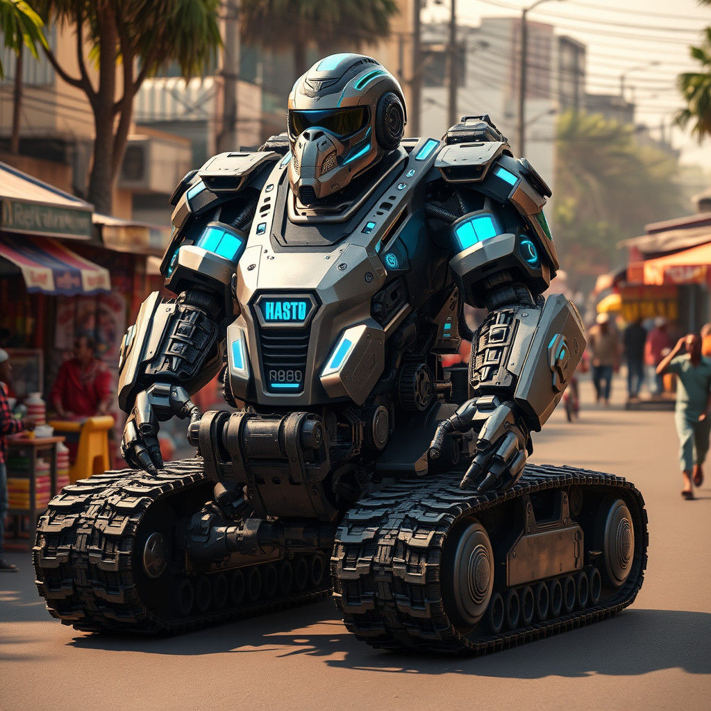 Cyberpunk Mech Suit Roams Vibrant Indian Market