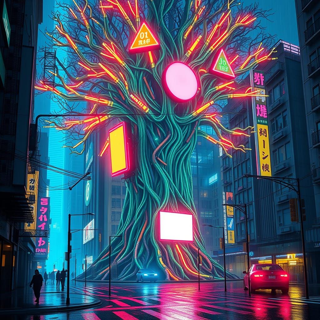 Bioluminescent Tree in Cyberpunk City, Electric Colors