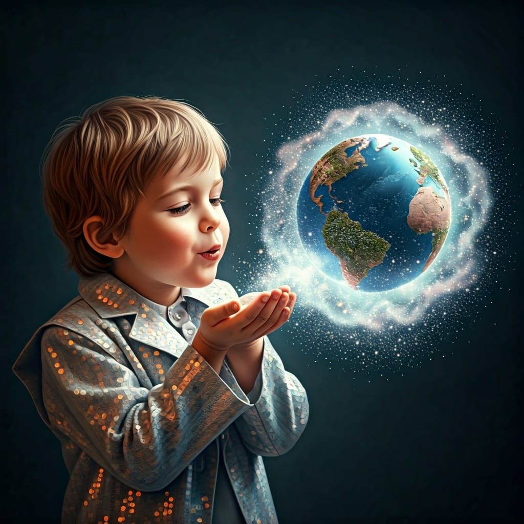 Magical Boy Creates World in Fantasy Oil Painting