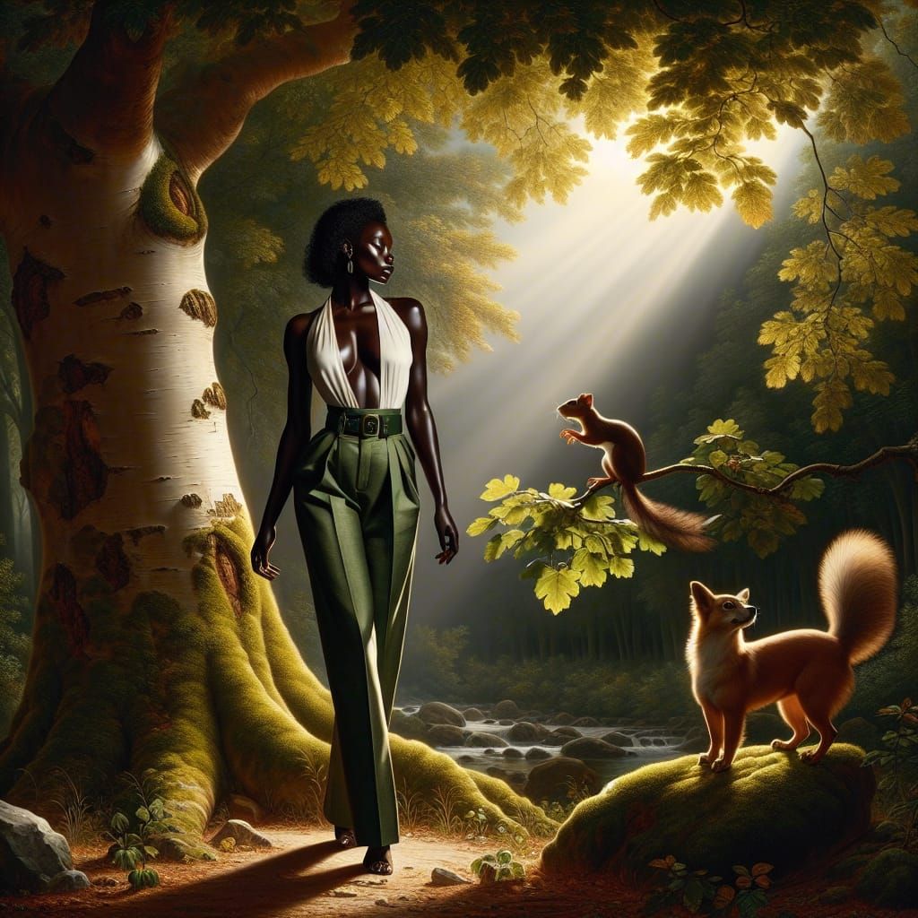 Serene Black Woman in Radiant Forest Glade