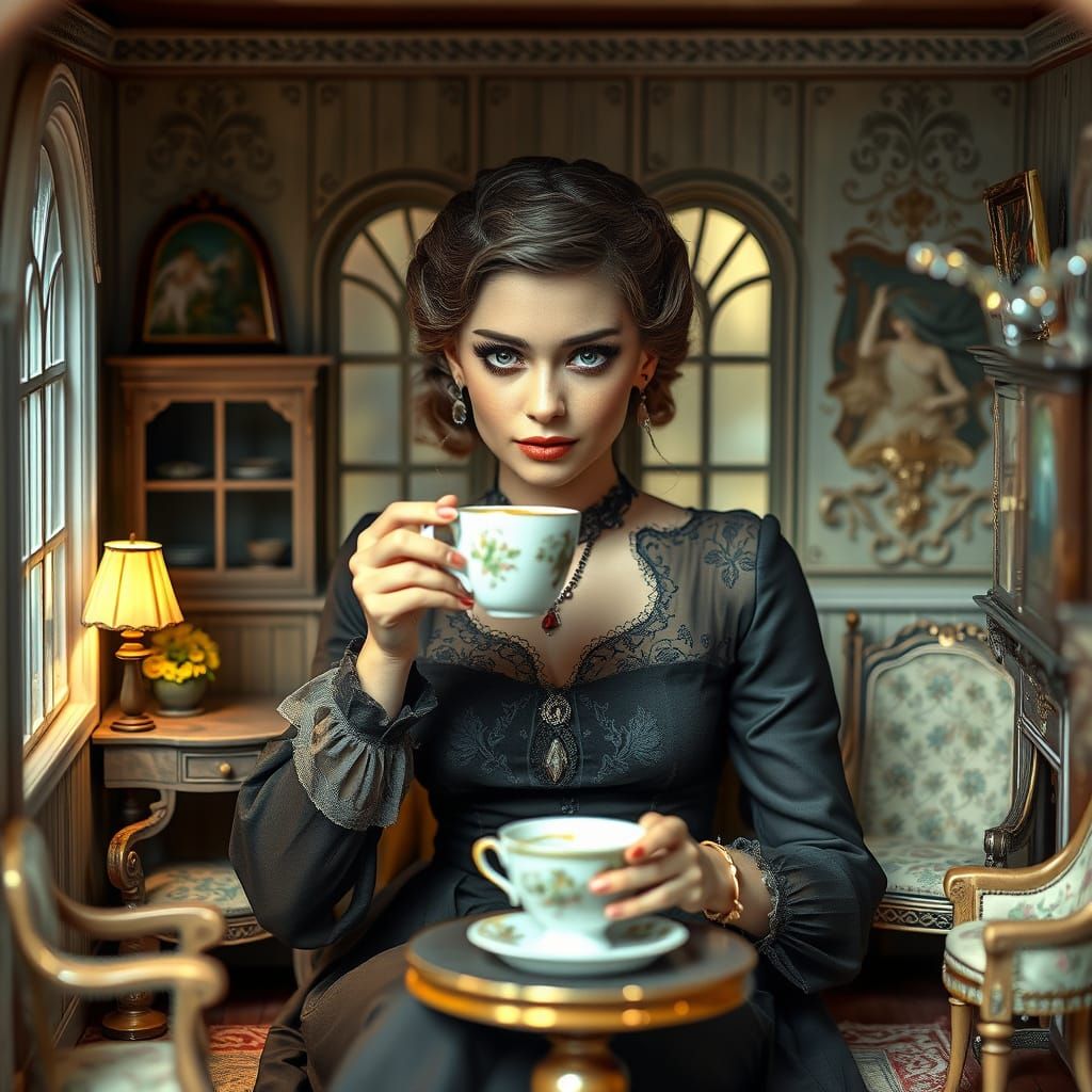 Elegant Woman Sipping Coffee in Dollhouse, Hyperrealistic St...