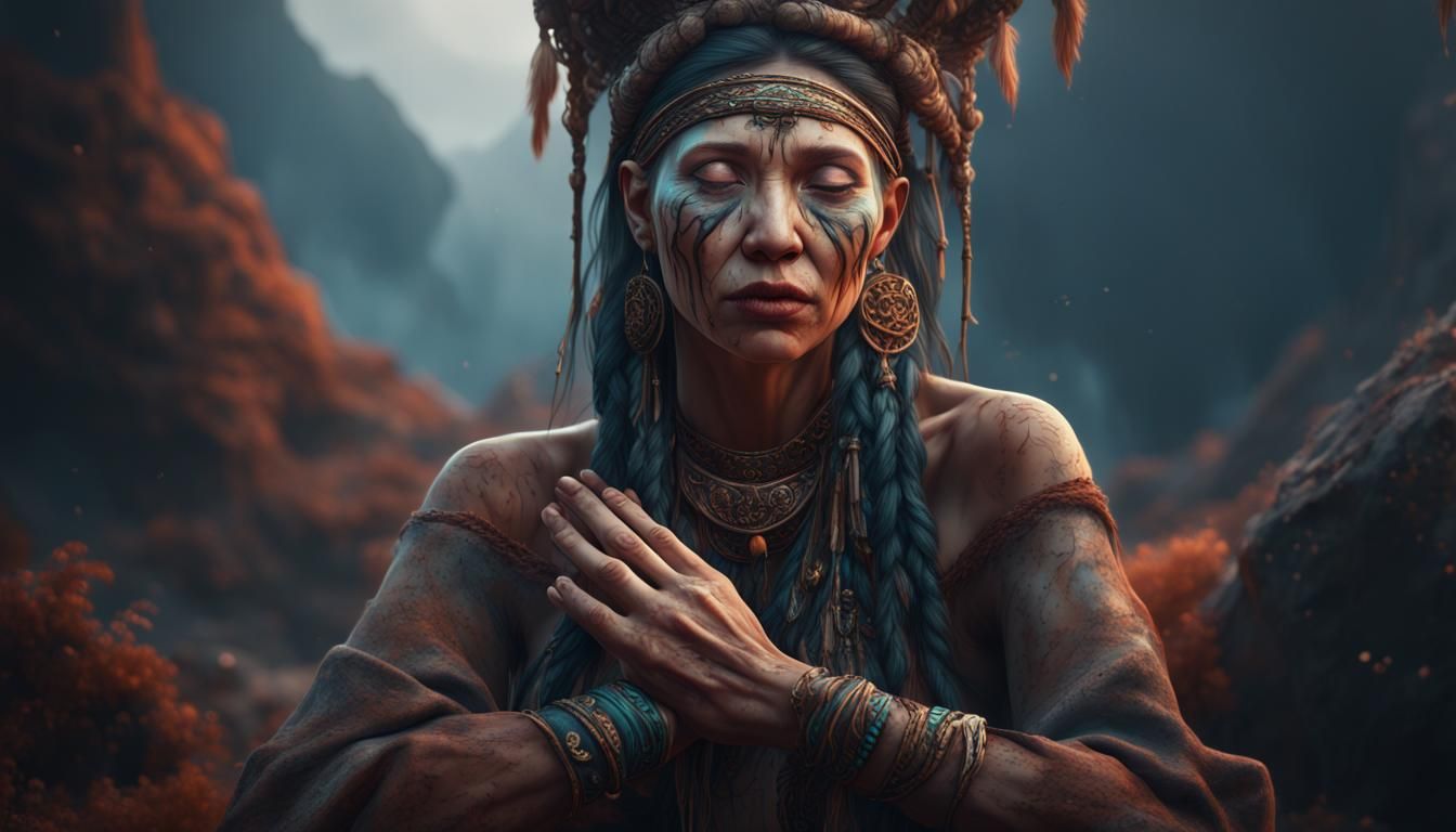 Native Woman Communing with Earth's Pain