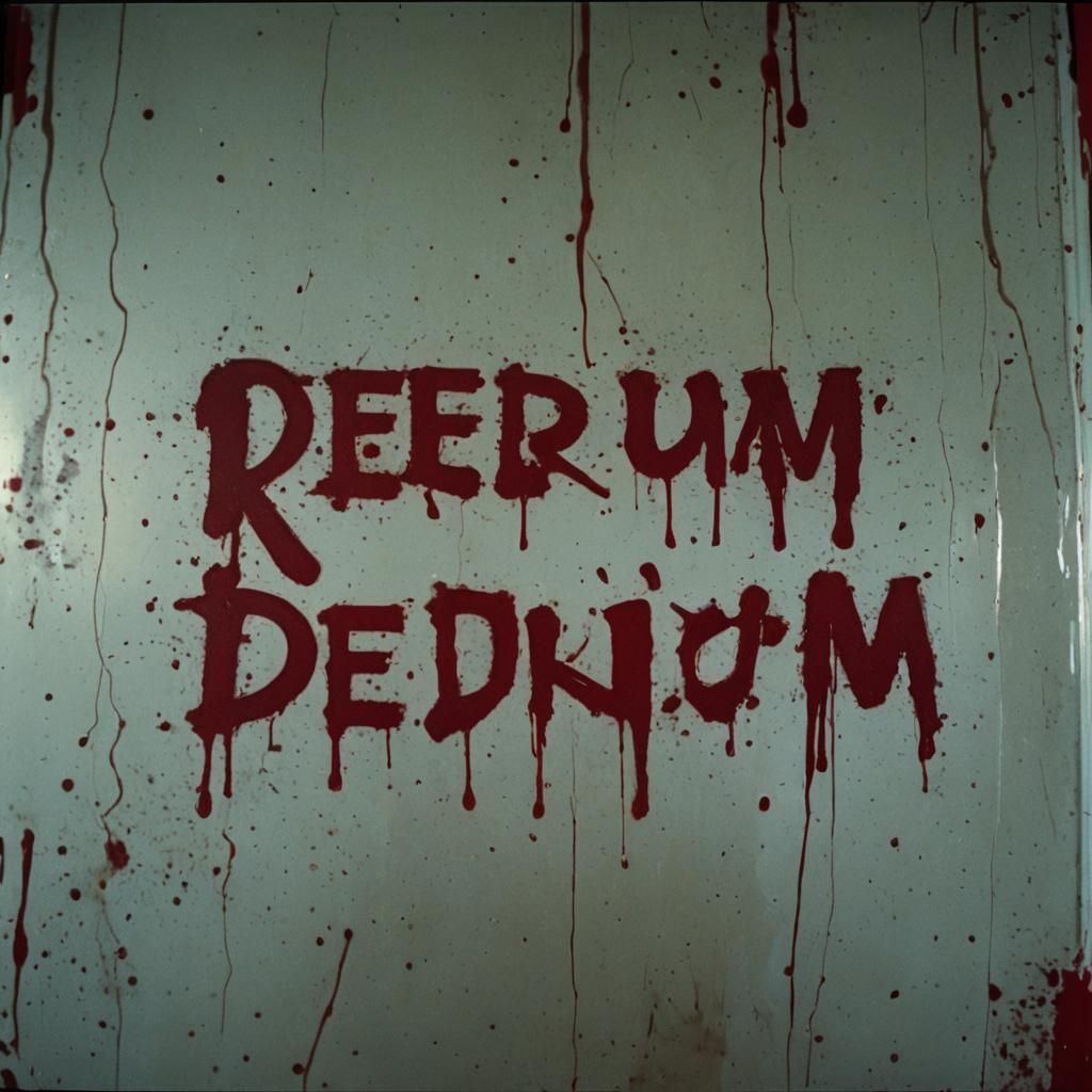 Eerie Redrum Scrawled on a Dusty Mirror in a Haunting Film N...