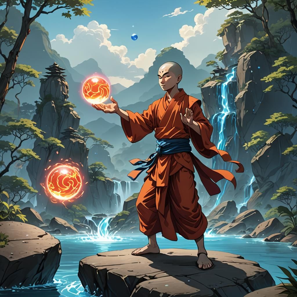 Buddhist Monk Masters the Elements in Anime-Style Digital Ar...