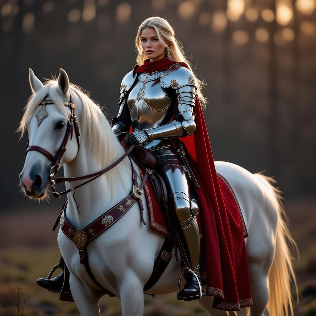 Female Knight on White Stallion with Dramatic Lighting