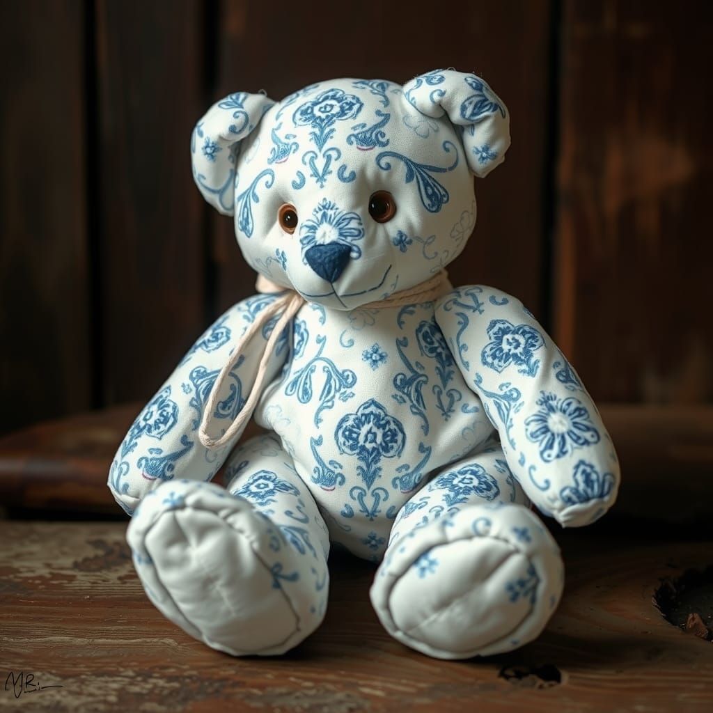Embroidered Quilted Teddy Bear in Rustic Setting