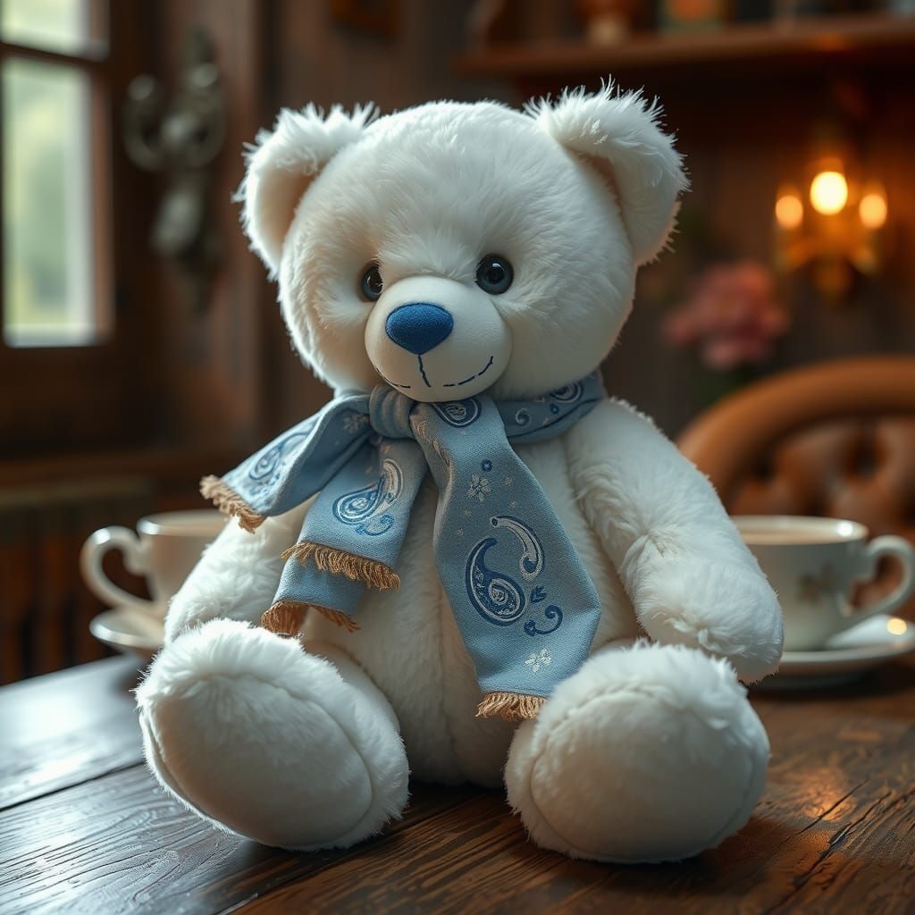 Embroidered Teddy Bear on Antique Table
