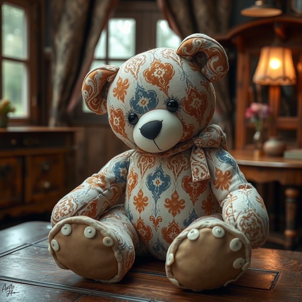Embroidered Teddy Bear in Rustic Ambiance