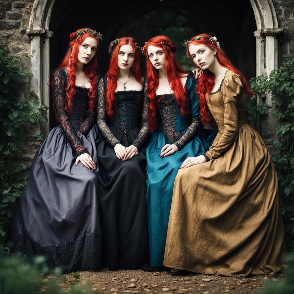 Four sisters in a gothic garden