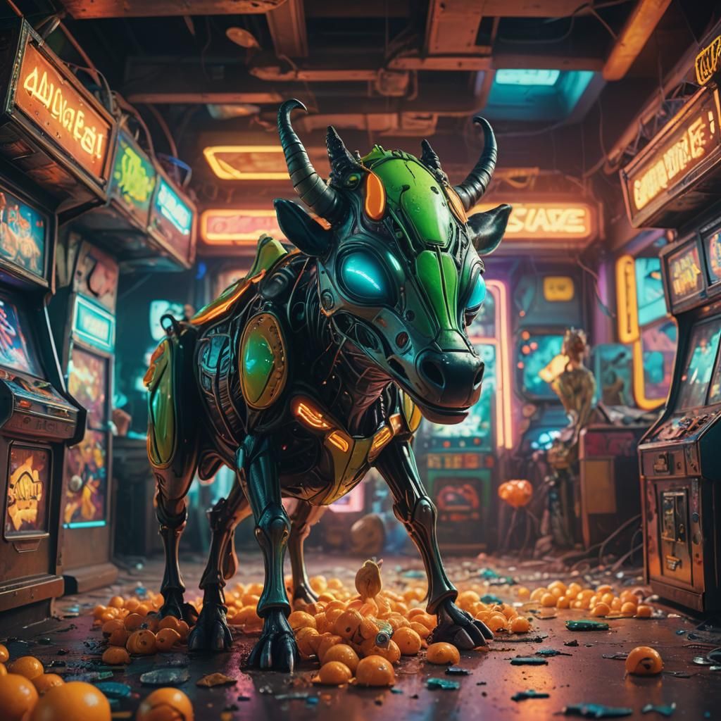 Alien Picking Up a Cow in Retro Arcade