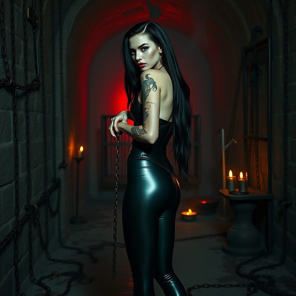 Gothic Vampire Goddess in Black Leather and Chains
