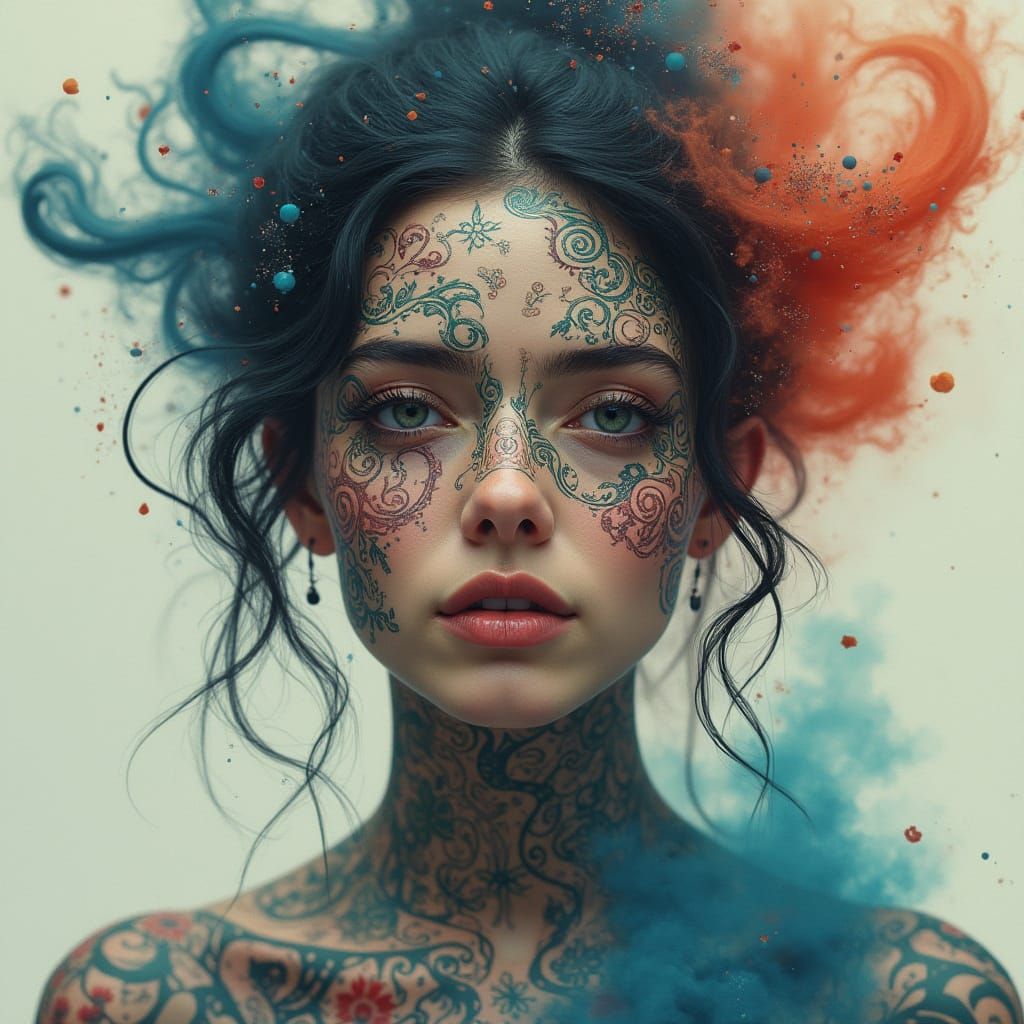 Woman with Swirling Tattoos in Ethereal Mist