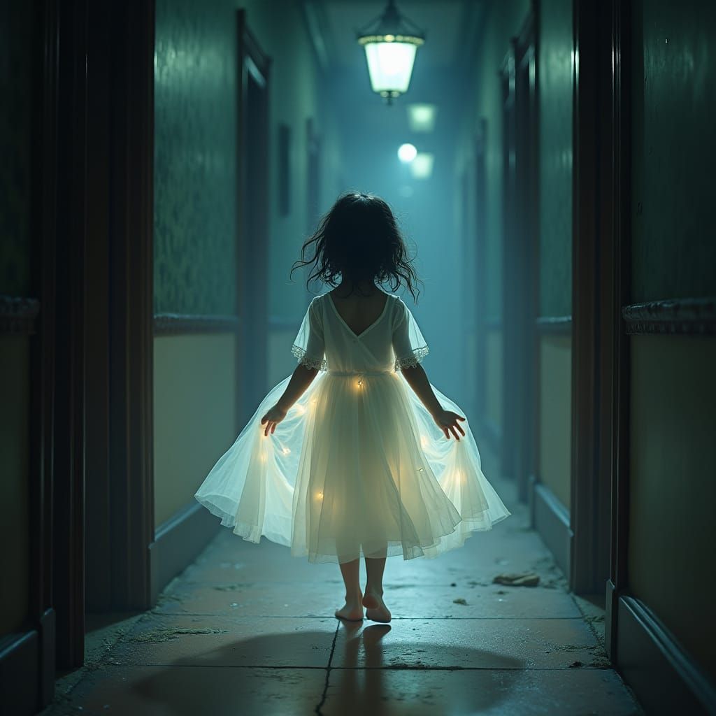 Little Girl in Victorian Hallway, Ethereal and Mournful