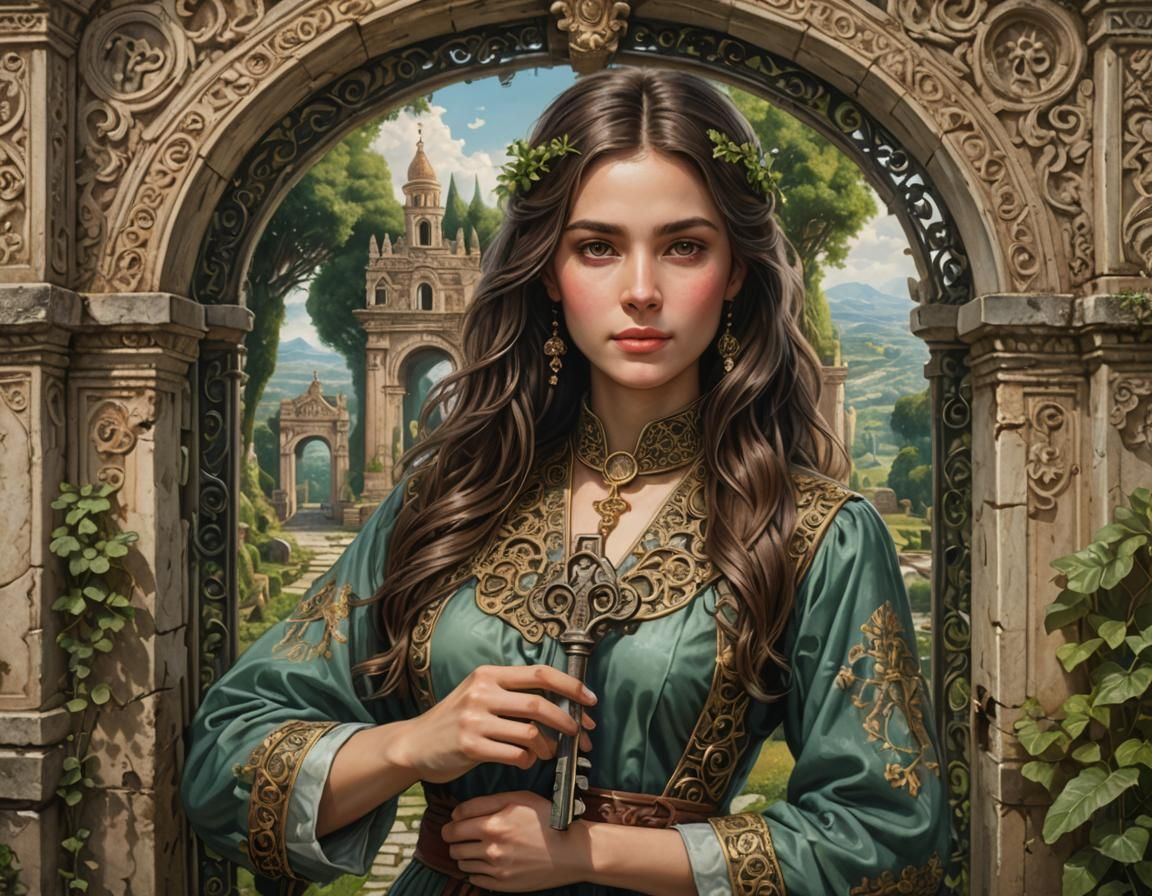 A Beautiful Woman Holds an Ornate Key Before a Towering Gate