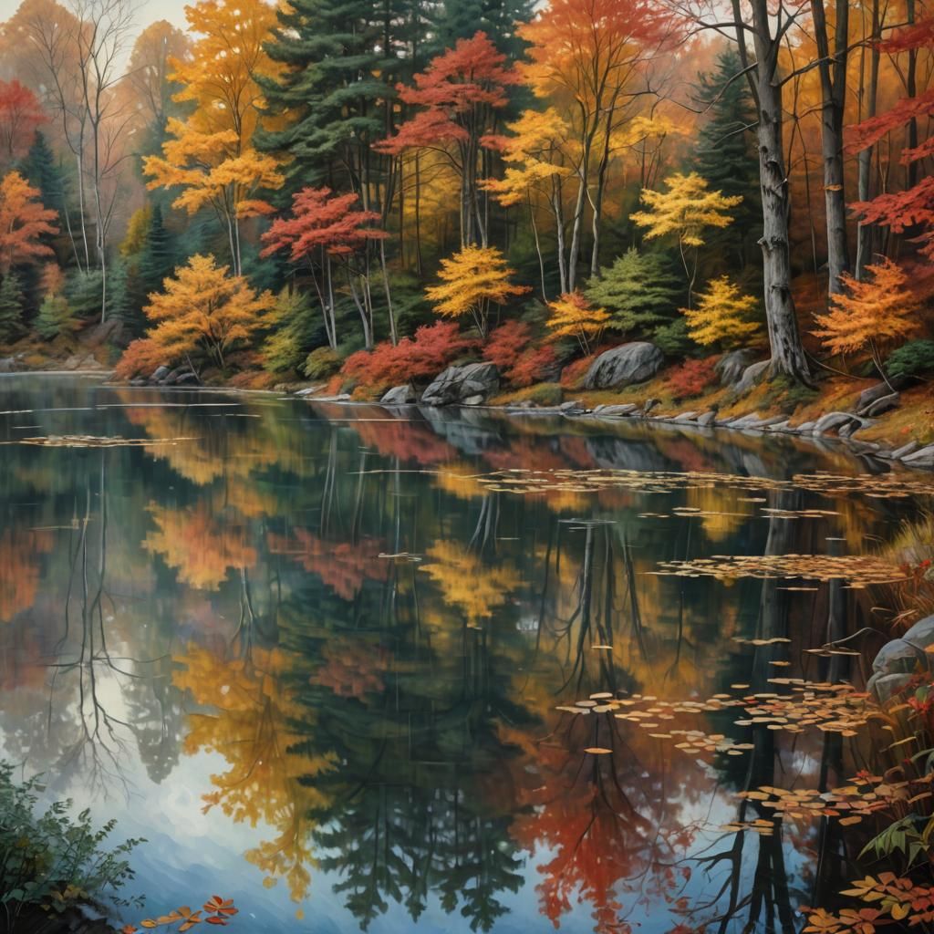 Autumn Serenade: A Fantastical Lake Scene in Symbolist Style