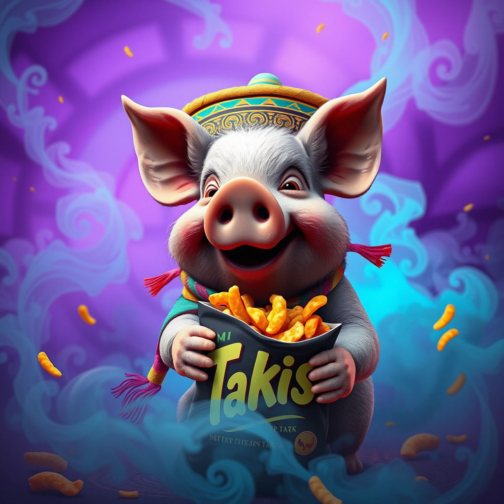 Whimsical Pig in a Vibrant Takis Feast