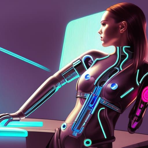 Glowing Cyberpunk Droid Goddess in Tron Legacy Blue Neon