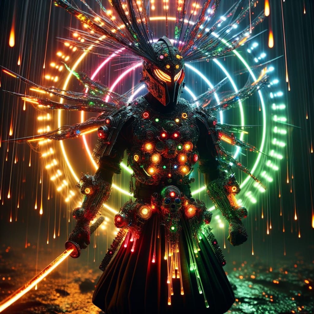 Cyberpunk Samurai in a Twisting Windmill of LED Lights