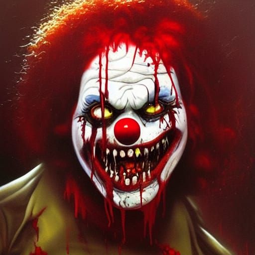 Surreal Horror Clown in a Bloody Oil Painting