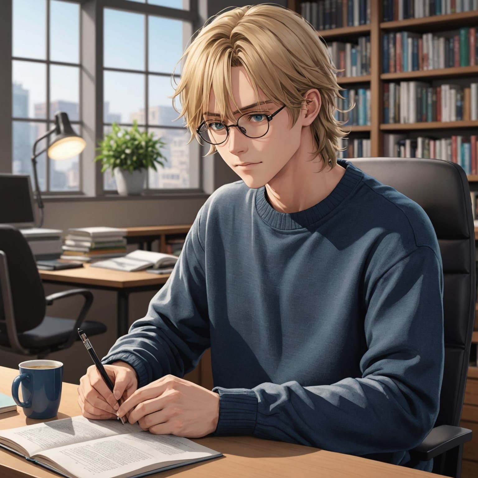 Tall Anime Boy Reads Book in Study