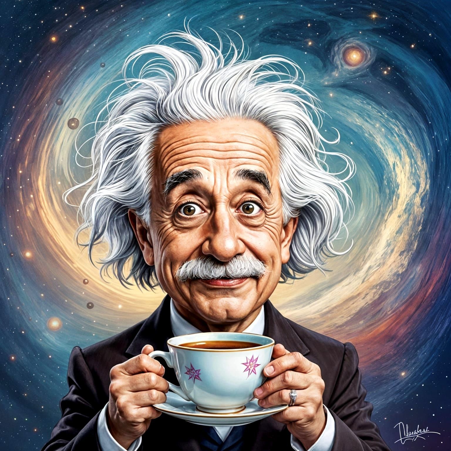 Einstein Caricature in Cosmic Dreamscape Holding Giant Teacu...