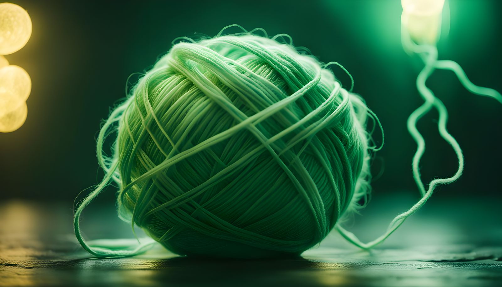 Ethereal Ball of Light Green Yarn in Cinematic Film Still