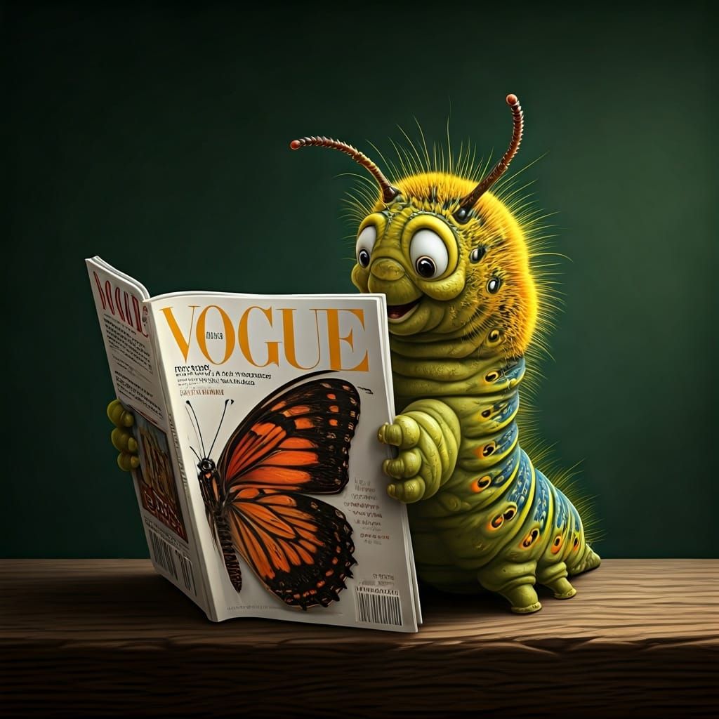 Caterpillar Reads Vogue with Butterfly Cover