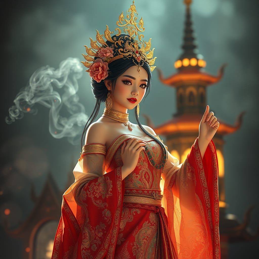 A Princess in Traditional Baba-Nyonya Attire Amidst a Whimsi...