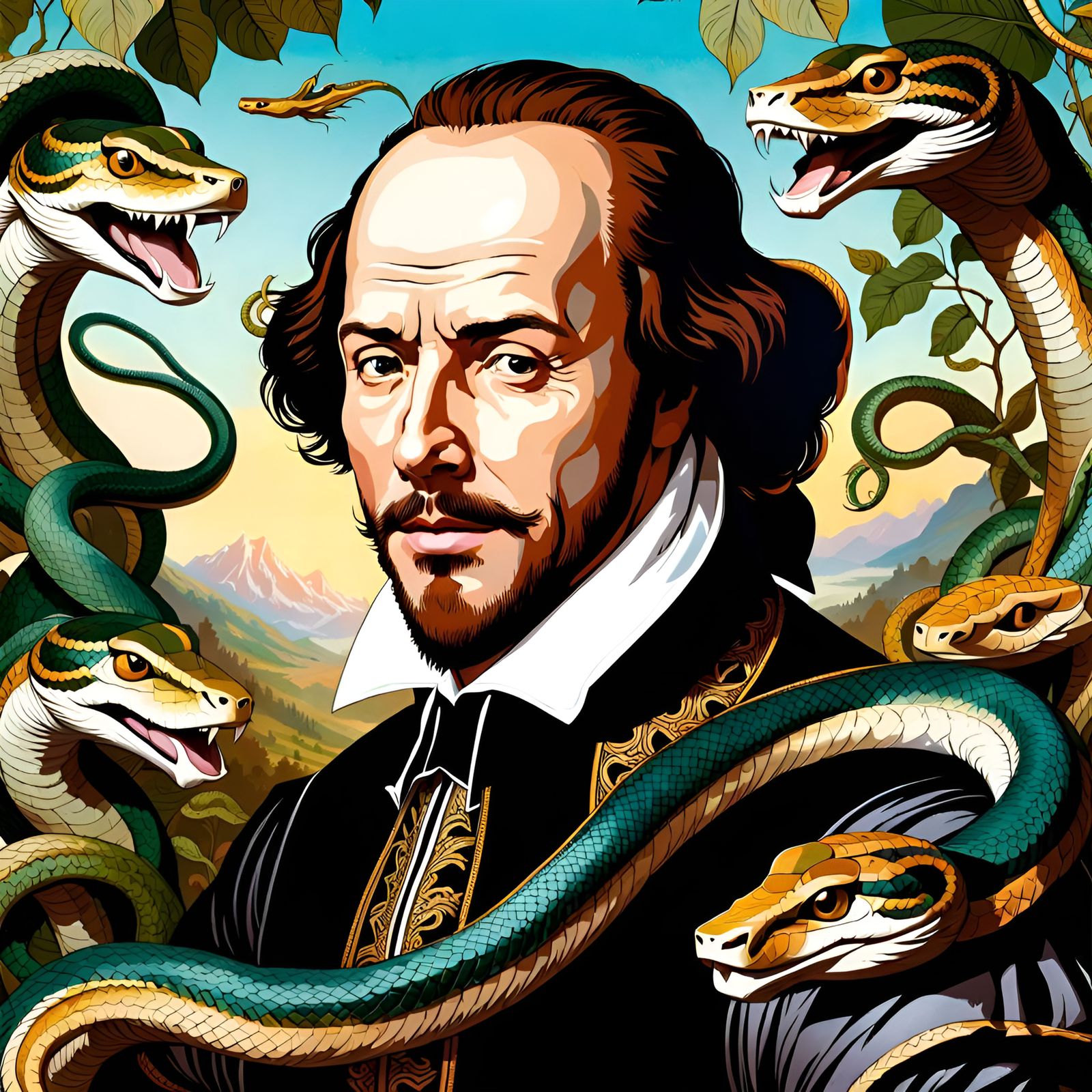 Shakespeare Amidst Serpents in a Vibrant Sunlit Setting