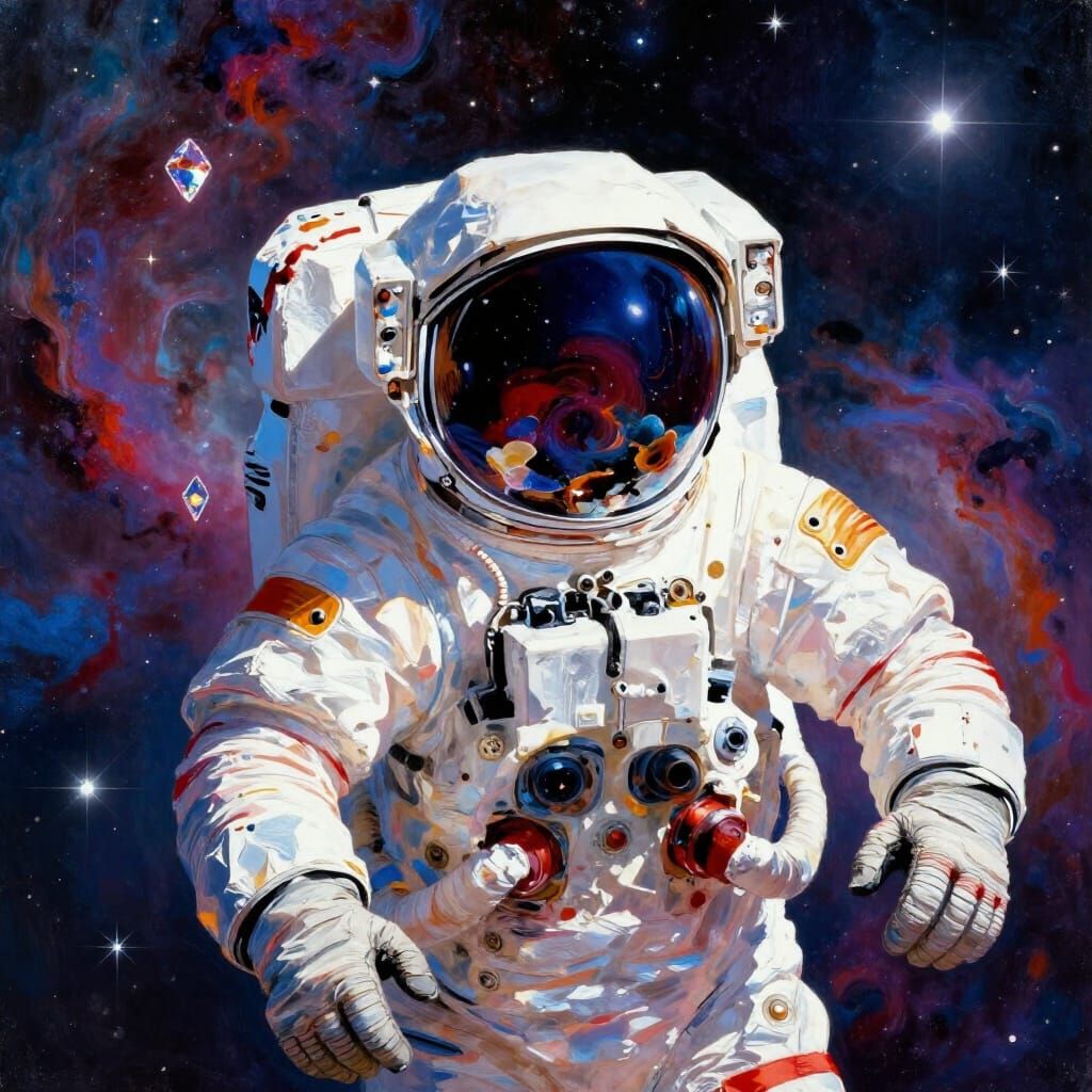 Astronaut Adrift in Vibrant Nebula, Retro Sci-Fi Style