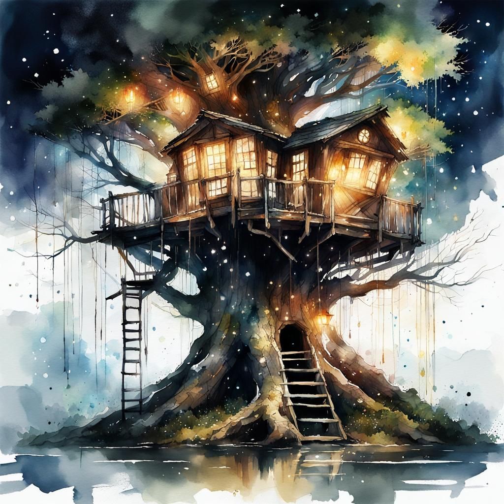 Ancient Treehouse Ephemeral Beauty in Watercolor