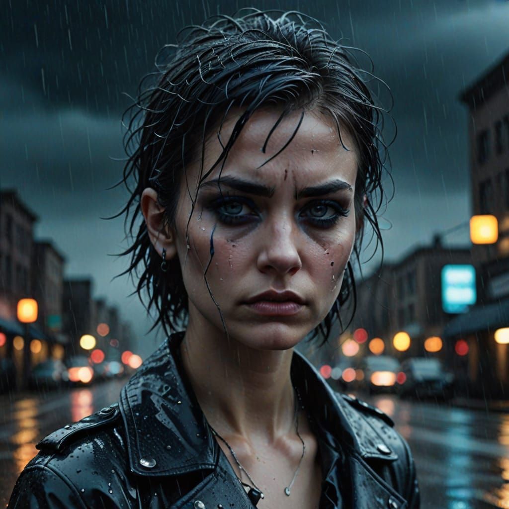 Sad Punk Woman in Rainy City: Gothic Digital Art