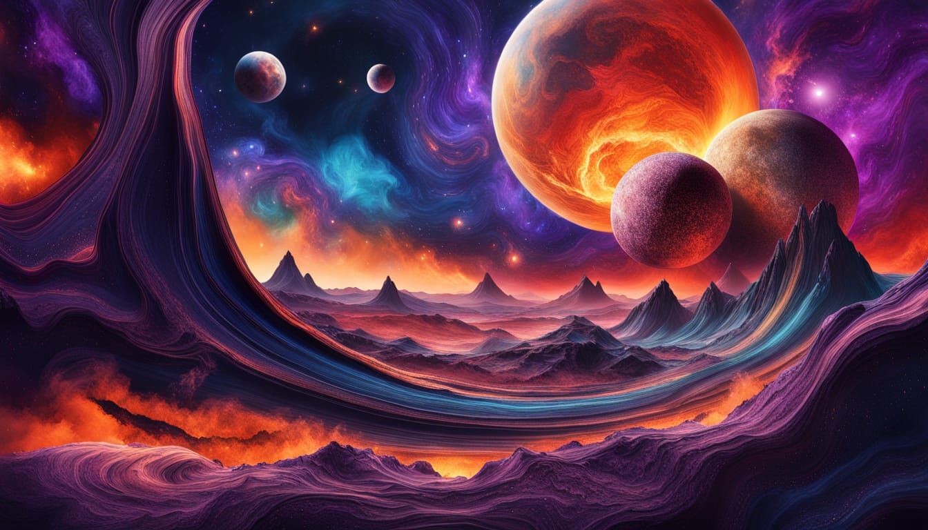 Volcanic Planet with Orbiting Space Station in Alcohol Ink