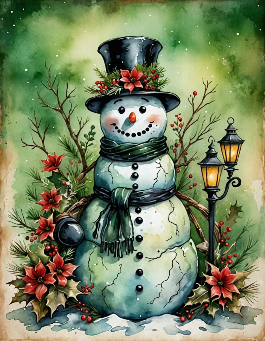 Whimsical Snowman Wonderland in Vintage Fantasy Style