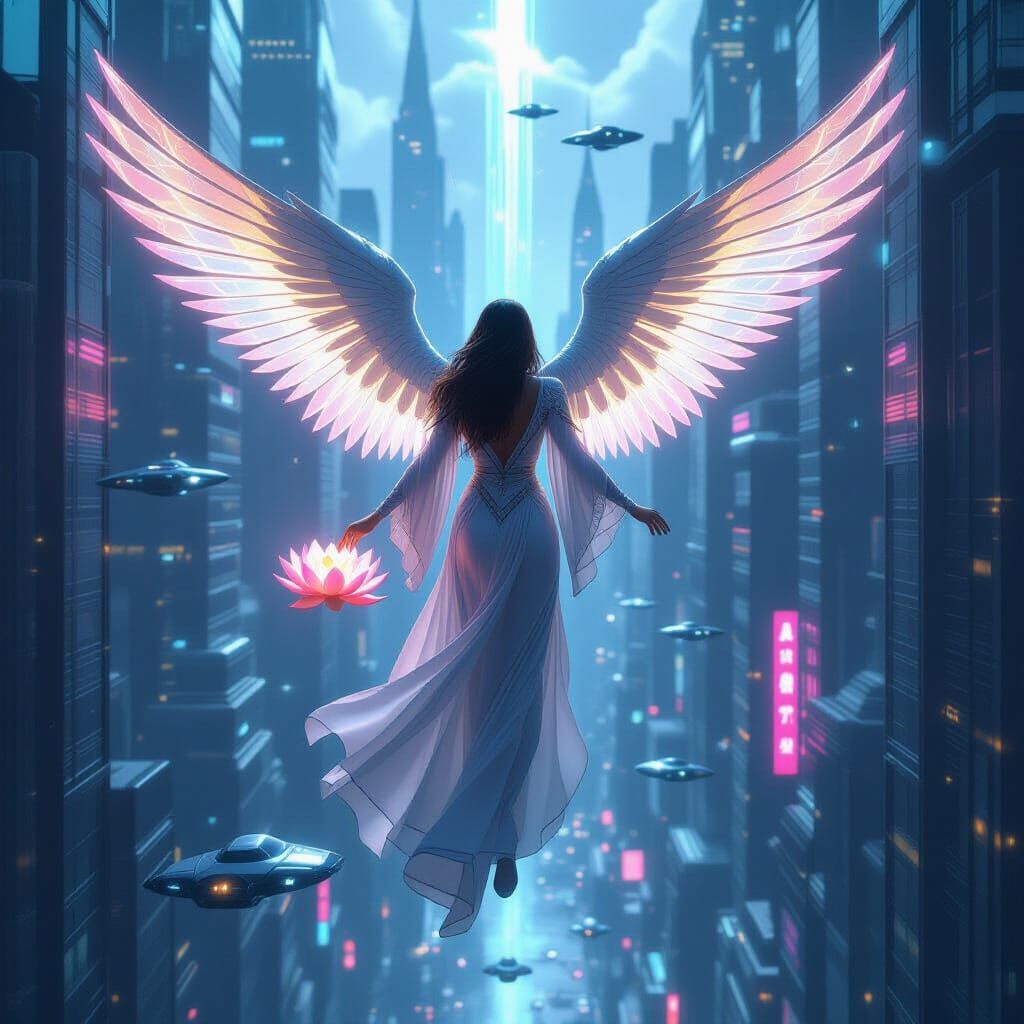 Angelic Figure Descends into Futuristic Neon City