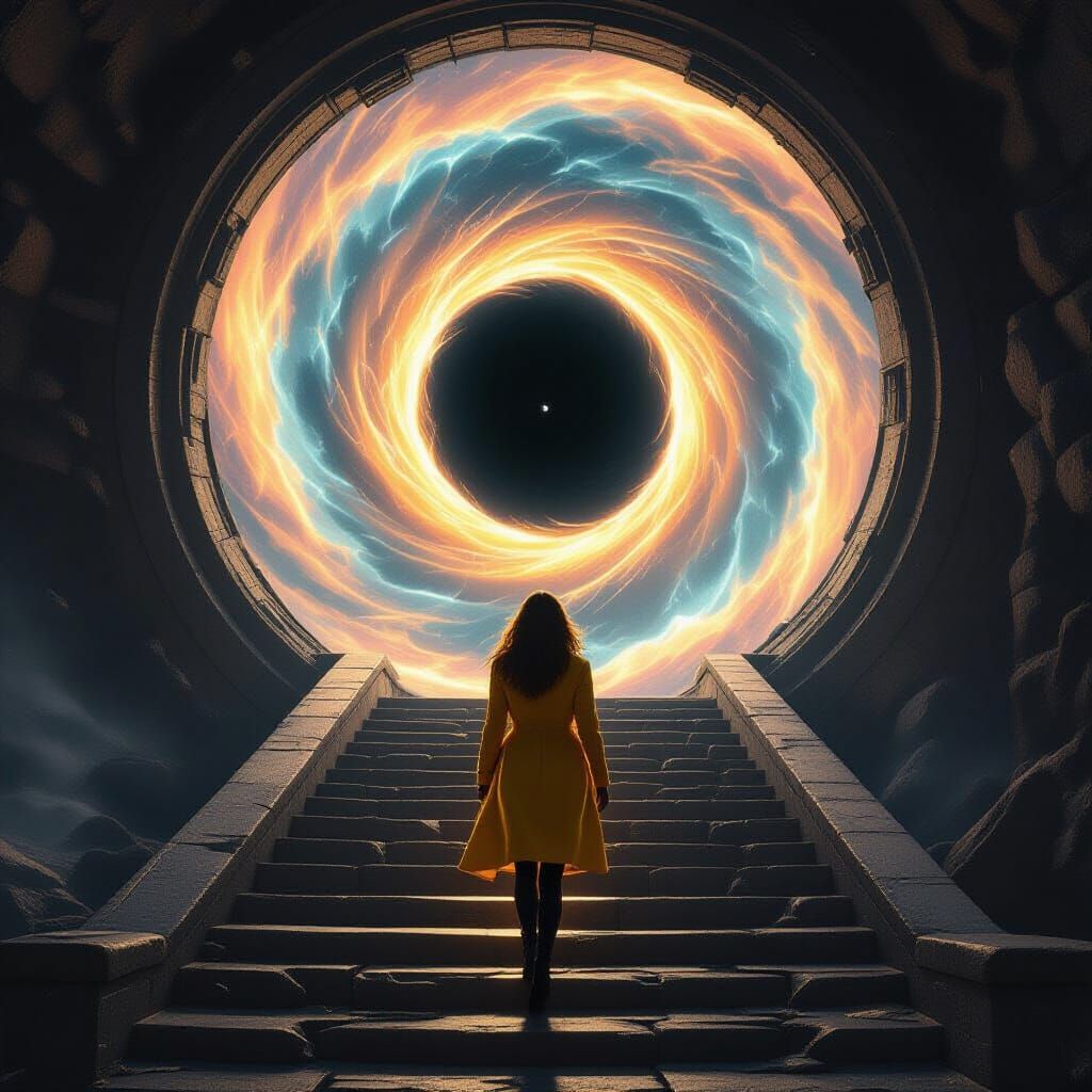 Woman Ascends Stairs to Cosmic Wormhole in Digital Matte Pai...