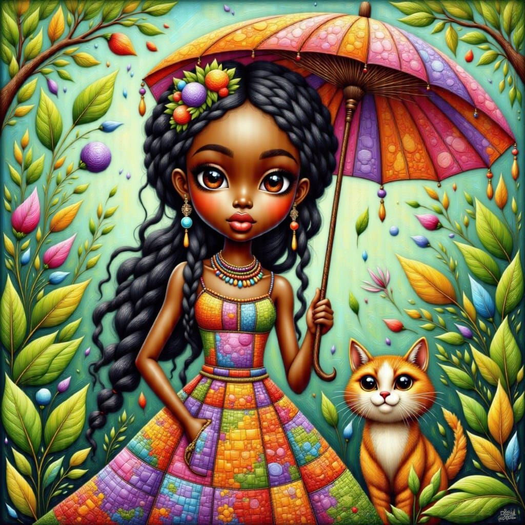 Girl with Cat Under Dandelion Umbrella, Miyazaki Style