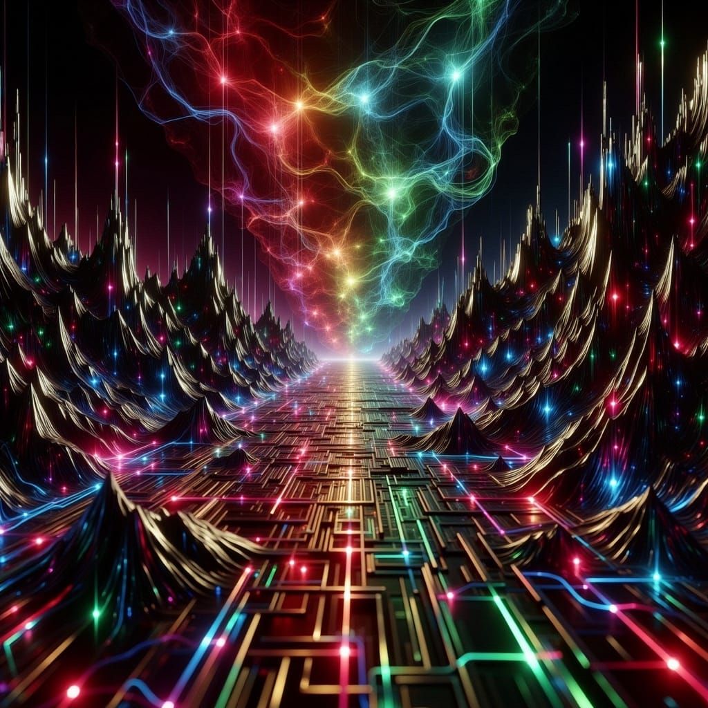 Surreal Cyberpunk Landscape of Evolving Cellular Automata