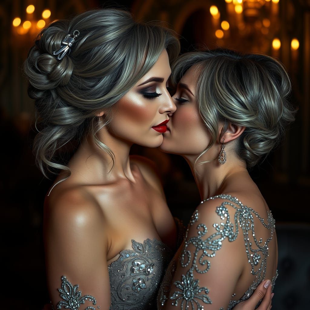 Elegant Woman in Sultry Evening Gown Shares a Romantic Kiss
