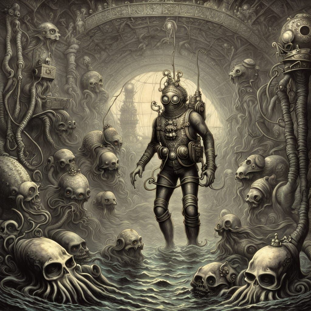 Steampunk Divers Harvesting the Deep Sea in Eldritch Style