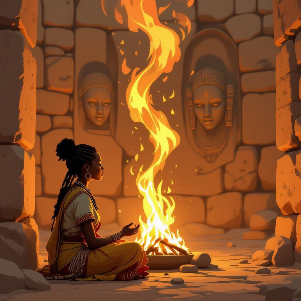 Mystical Flames Speak to African Woman: Dreamy Art