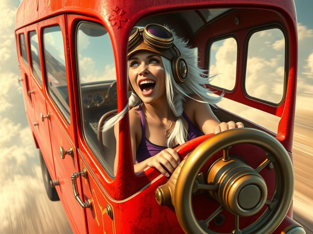Vibrant Steampunk Flying Bus in Mid-Air