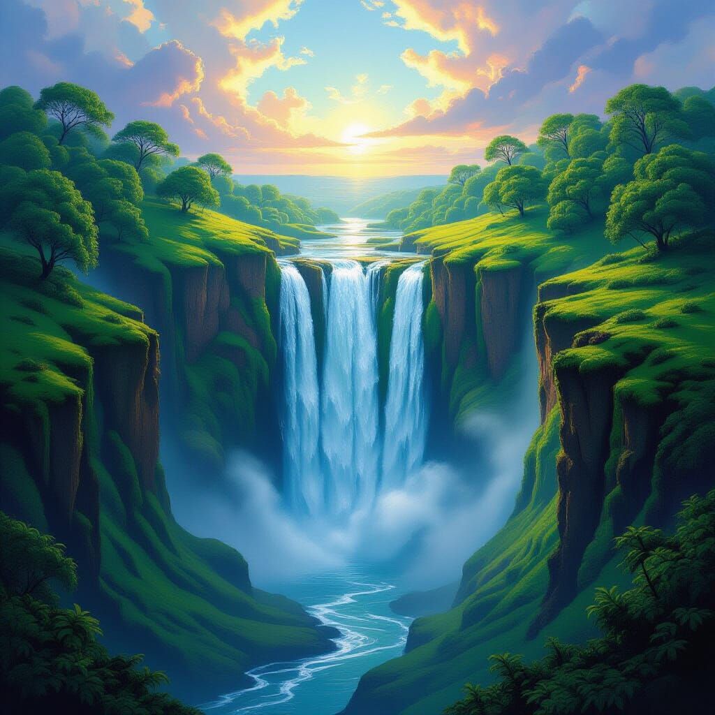 Majestic Two-Story Waterfall Between Lush Ravines