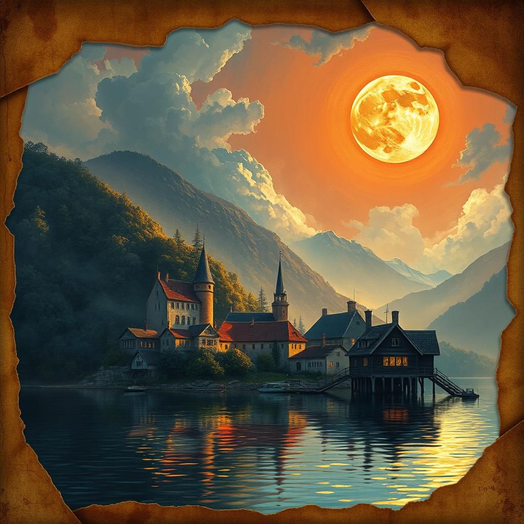Full Blood Moon Illuminates a Dreamlike Lakeside Village