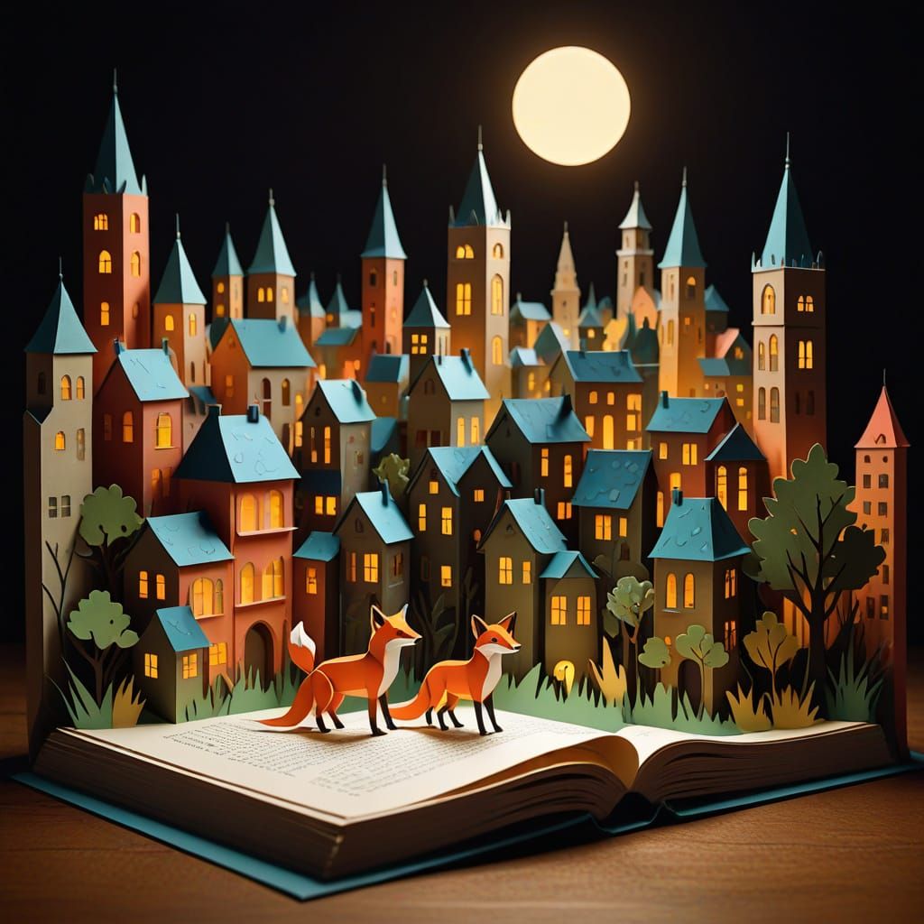 Vibrant Pop-Up Book City Illustration with Paper Figures