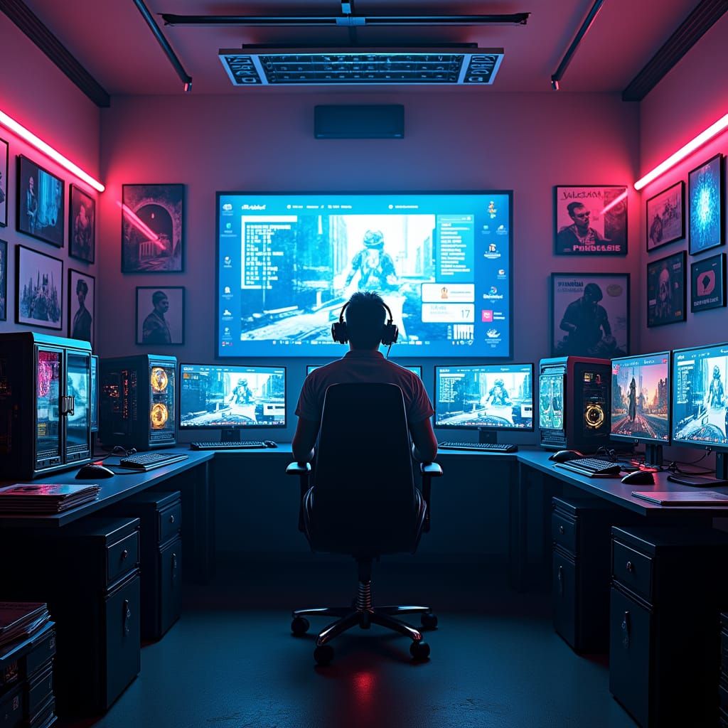 Cyberpunk Gamer Sanctuary in a Futuristic Gaming Lair