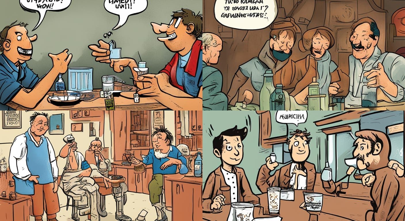 Two Men Discuss Kombucha in a Detailed Comic Strip Illustrat...